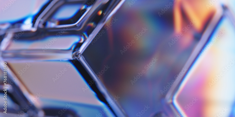 Poster glass surface with dispersion and refraction effect. transparent geometric structure with cubic shap