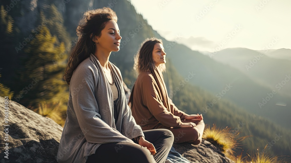 Canvas Prints Cheerful women meditating in the mountains