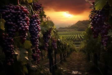 Fototapeta na wymiar Vineyard with ripe grapes against sunset background
