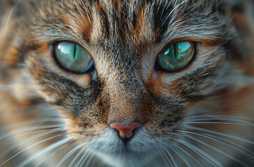Close-up of a tabby cat with striking green eyes and detailed fur texture. - obrazy, fototapety, plakaty