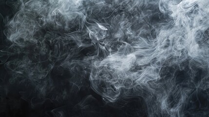 Abstract smoke, fog white cloudiness, mist or smog moves on black background, swirling gray smoke, mockup for your logo, wallpaper or web banner - obrazy, fototapety, plakaty