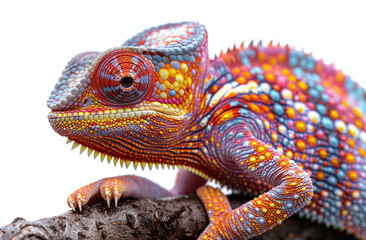 Colorful panther chameleon close-up on a branch, isolated on a white background.