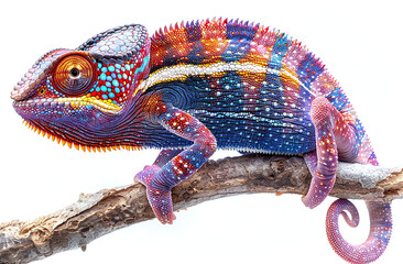 Vibrant multicolored chameleon on a branch, isolated on a white background. - obrazy, fototapety, plakaty