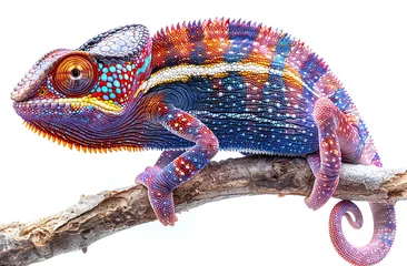 Tafelkleed Vibrant multicolored chameleon on a branch, isolated on a white background. © Gayan