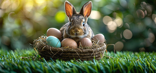 Fototapeta na wymiar Rabbit with Easter eggs in a nest on green grass with bokeh background.