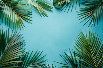 Fototapeta na wymiar Blue Background With Green Palm Leaves