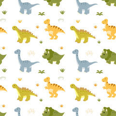 Seamless pattern with funny dinosaurs in flat style. Creative vector childish background with hand drawn dino for fabric, textile, children room decoration.