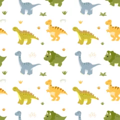 Fototapete Dinosaurier Seamless pattern with funny dinosaurs in flat style. Creative vector childish background with hand drawn dino for fabric, textile, children room decoration.