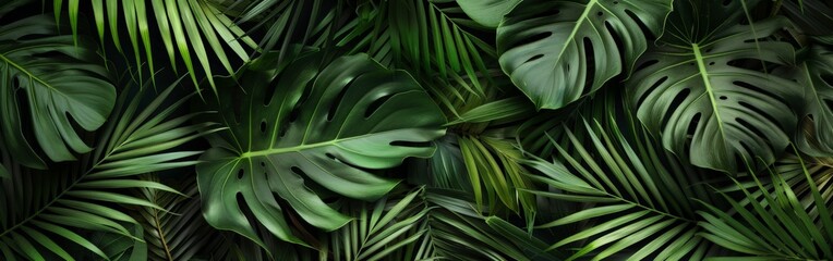 Close-Up of Lush Green Tropical Leaves - obrazy, fototapety, plakaty