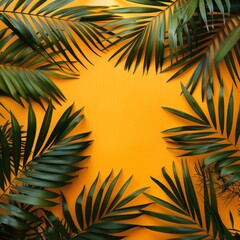 Fototapeta na wymiar Green Palm Leaves on a Yellow Background