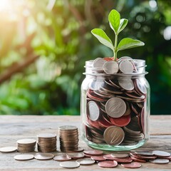 Coins in jar atop wooden surface, savings for travel adventures For Social Media Post Size
