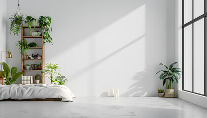 Bedroom interior, shelving, and indoor plants near a white wall