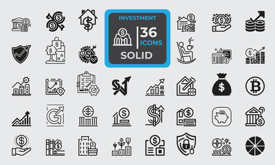 36 Solid Icons for Investment  set in fill style. Excellent icons collection. Vector illustration. 