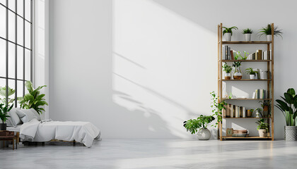 Bedroom interior, shelving, and indoor plants near a white wall