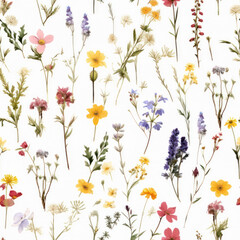 Wildflowers fine seamless pattern on the white background. Watercolor floral illustration in natural colors for fabric and paper design.