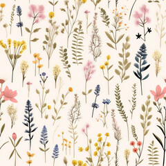 Wildflowers fine seamless pattern on the beige background. Watercolor floral illustration in natural colors for fabric and paper design.