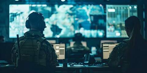 Female and male military officers collaborate in a government surveillance agency's control center during a joint operation. Concept Surveillance Operations, Military Collaboration - obrazy, fototapety, plakaty