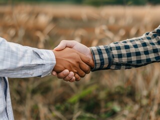 Two men shake hands in a field. Scene is friendly and professional. The handshake symbolizes a business agreement or partnership