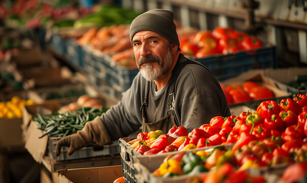 Farmer with fresh bell peppers at a farmer market stall. Agriculture and local produce concept. Environmental portrait with copy space