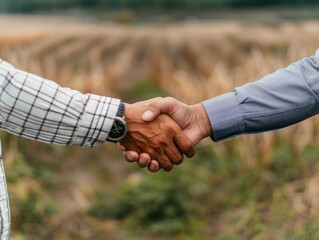 Two men shake hands in a field. Scene is friendly and professional. The handshake is a symbol of agreement and trust between the two men