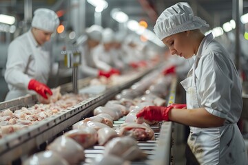 Chicken meat production in a modern poultry farm with workers sorting and packaging on a conveyor belt. Concept Poultry Farming, Chicken Meat Production, Conveyor Belt Sorting, Packaging Process