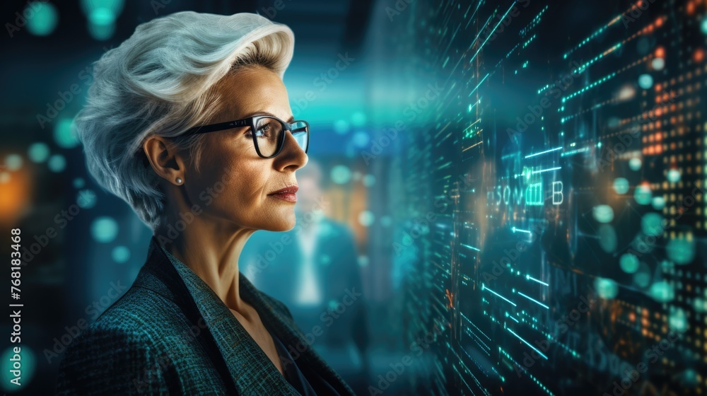 Poster tech analyst study cyber data chart from corporate system for statistical analytic defining marketin
