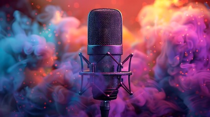 Studio microphone isolated on the colorful smoke background for podcasting AI generated