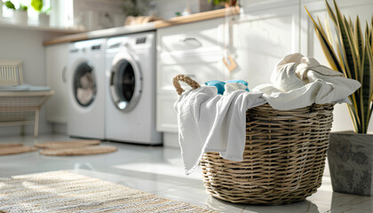 Basket with dirty clothes near washing machines in laundry room - obrazy, fototapety, plakaty