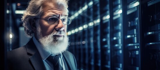 An elderly man in a suit and tie is standing in front of a server in an advanced server farm, working on strengthening cybersecurity through programming.
