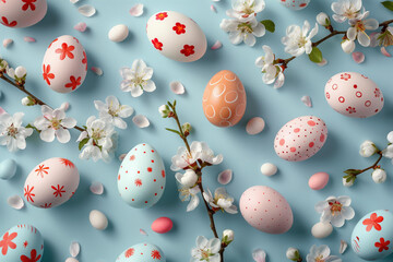  pattern of painted easter eggs and blossom, on a pastel blue background, hyper realistic photography in the style of an isometric pattern