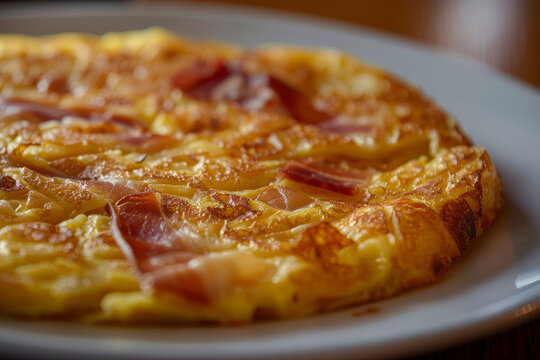 A close-up image of a plate served with a traditional Spanish tortilla (potato omelette)