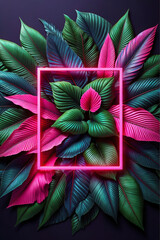 Abstract tropical foliage background with pink neon shape - 768183692