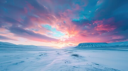 Arctic landscape with colorful aurora in the sky.