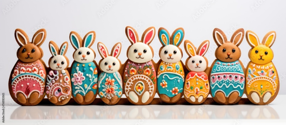Poster a collection of wooden rabbit figures arranged in a row on a white background, portraying unity and 