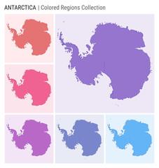 Antarctica map collection. Country shape with colored regions. Deep Purple, Red, Pink, Purple, Indigo, Blue color palettes. Border of Antarctica with provinces for your infographic.