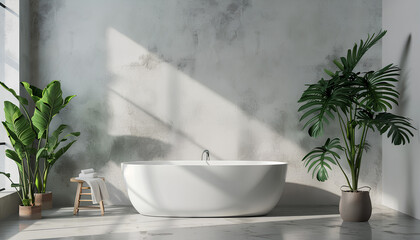 Interior of light bathroom with bathtub and Monstera houseplant