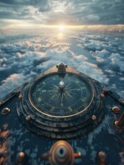 A compass spinning wildly in the cockpit of a ship navigating the Bermuda Triangle, the ocean horizon distorted , 3D style