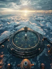 Papier Peint photo Lavable Naufrage A compass spinning wildly in the cockpit of a ship navigating the Bermuda Triangle, the ocean horizon distorted , 3D style