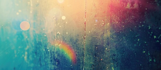 A close-up view of a window with blue, distressed faded glass covered in dust and dirt stains. In the background, a colorful rainbow shines brightly, adding a pop of color to the scene. - obrazy, fototapety, plakaty
