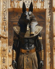 A weathered Anubis statue stands sentinel at the entrance of a grand, hieroglyphcovered tomb deep in the desert Conveys a sense of guardianship and mystery , super realistic