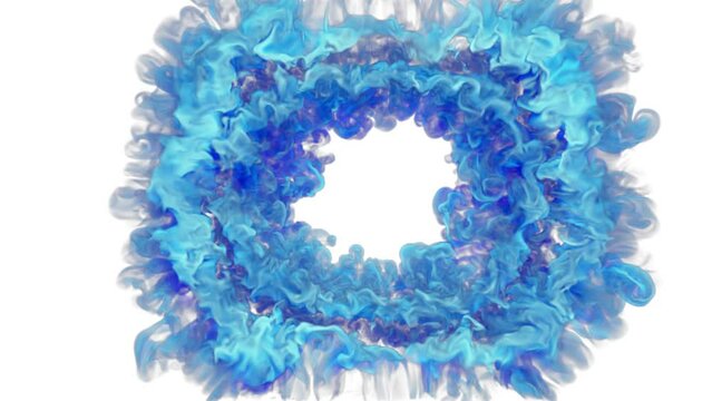 Plumes of blue smoke gather in a ring on a white background. 3d render. 