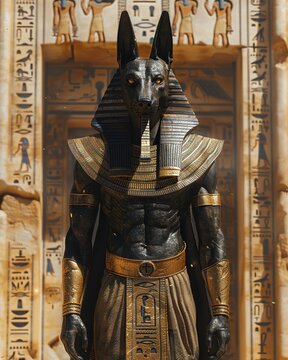 A weathered Anubis statue stands sentinel at the entrance of a grand, hieroglyphcovered tomb deep in the desert Conveys a sense of guardianship and mystery , super realistic