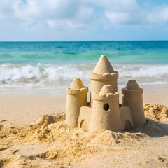 Fototapeta na wymiar Sandcastle on seaside evokes relaxation and leisure in holiday concept For Social Media Post Size