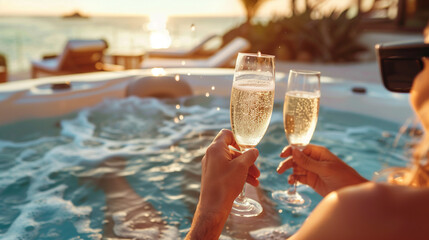 Close up portrait of couple relaxing and toasting champagne glass on jacuzzi tub pool at tropical beach resort, enjoying their vacation