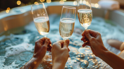 Close up portrait of three hands toasting champagne glasses on jacuzzi tub, celebration, enjoying and relaxing