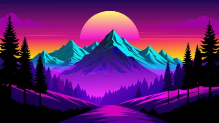 Rolgordijnen Violet Nature’s Symphony: A Beautiful Landscape of Mountains, Clouds, Sun, and Rive