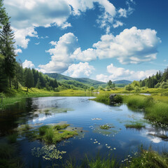 a picturesque landscape of a lush meadow with a clear, tranquil lake surrounded by verdant forests under a vibrant blue sky dotted with fluffy clouds. The setting conveys a sense of peacefulness and p