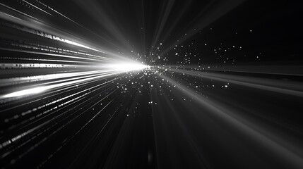 Black and white abstract background with a glowing light in the center. The light is surrounded by a burst of particles.