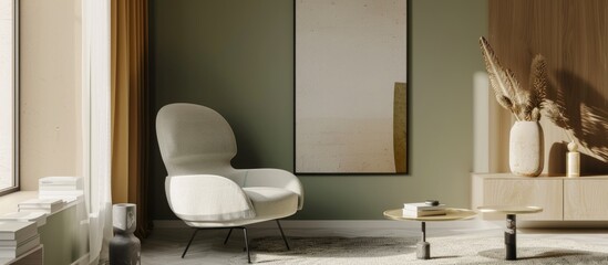 A contemporary living room filled with furniture, including a gray and white chair, situated next to a large window. A beige wall acts as the backdrop, with a vertical poster in a thick frame serving