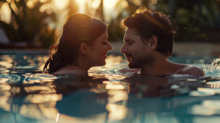Young couple in love, enjoying time together in a swimming pool at summer resort in evening, 